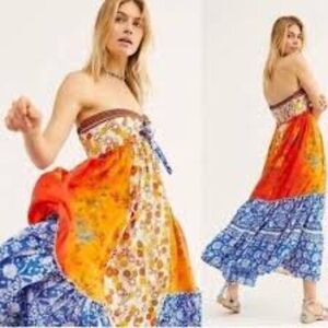 Free People Golden Dreams mixed print Strapless Ruffle Maxi Dress Size Medium